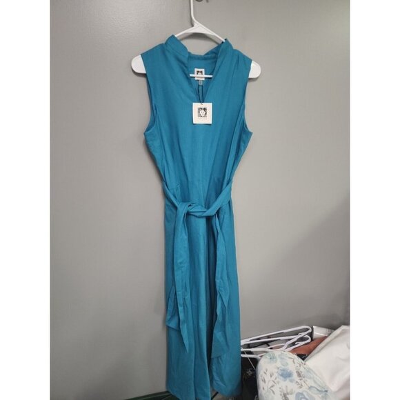 Anne Klein Women's Cotton Midi Sun Dress with Sash Calypso Blue New - Picture 1 of 9